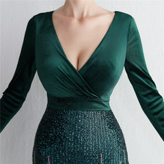 Sequined V-Neck Long-Sleeve Fishtail Dress