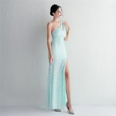 One-Shoulder Sequined Beaded Fishtail Maxi Dress