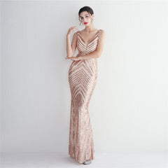 Sequined V-Neck Slim Maxi Dress