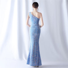 One-Shoulder Beaded Sequin Split Maxi Dress