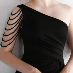 Beaded One-Shoulder Fishtail Maxi Dress