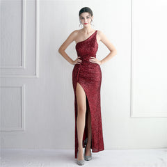 Sequin One-Shoulder Fishtail Maxi Dress