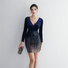 Sequined V-Neck Long-Sleeve Fishtail Dress