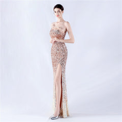 One-Shoulder Sequin Feather Maxi Dress