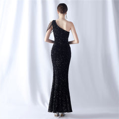 One-Shoulder Beaded Sequin Split Maxi Dress