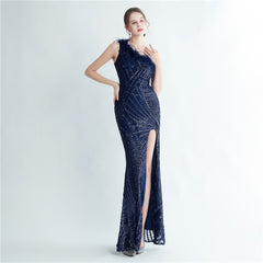 One-Shoulder Sequin Feather Maxi Dress