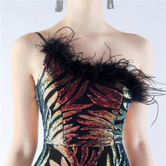 One-Shoulder Sequined Ostrich Feather Dress