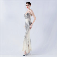 Floral Sequin Beaded Maxi Dress