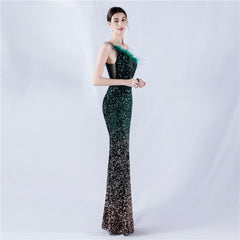 One-Shoulder Sequin Feather Maxi Dress