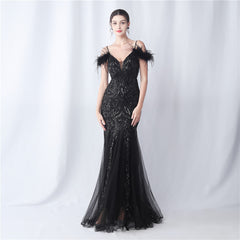 Ostrich Feather Sequined Maxi Dress