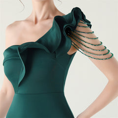 Ruffled One-Shoulder Beaded Fishtail Dress