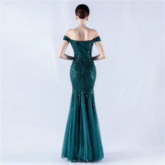 Off-Shoulder Beaded Sequin Maxi Dress