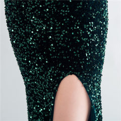 Sequin Boned Strapless Split Maxi Dress