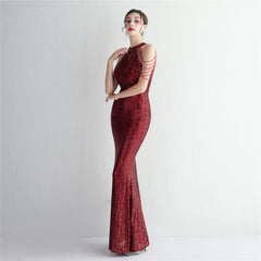 Sequined Halter Fishtail Maxi Dress