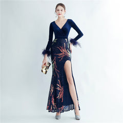 Ostrich Feather Sequined Maxi Dress