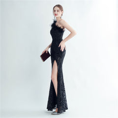 One-Shoulder Sequin Feather Maxi Dress