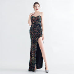 Sequin Boned Strapless Split Maxi Dress