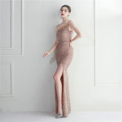 Ostrich Feather One-Shoulder Sequined Maxi Dress