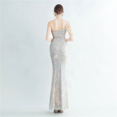 One-Shoulder Ostrich Feather Beaded Maxi Dress