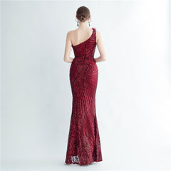 One-Shoulder Sequin Feather Maxi Dress