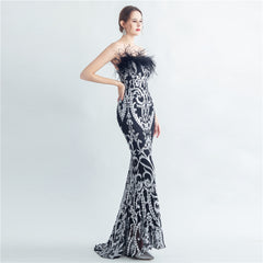 Ostrich Feather Strapless Maxi Dress