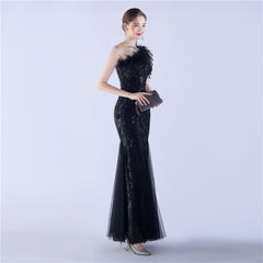 Beaded Sequined Ostrich Feather Maxi Dress