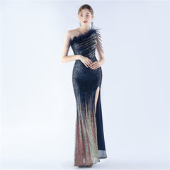 One-Shoulder Ombre Sequin Feather Dress