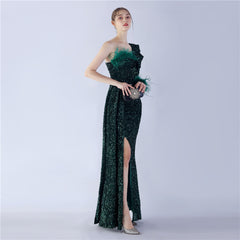 One-Shoulder Ostrich Feather Sequin Maxi Dress