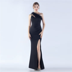 One-Shoulder Ostrich Feather Maxi Dress