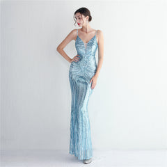 V-Neck Sequin Lace Maxi Dress