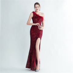One-Shoulder Sequin Feather Maxi Dress