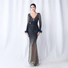 Ostrich Feather Gradient Sequin Maxi Dress