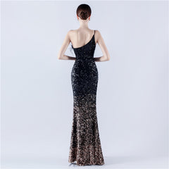 One-Shoulder Sequin Feather Maxi Dress