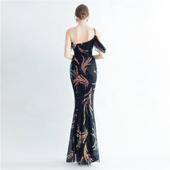 One-Shoulder Ostrich Feather Beaded Maxi Dress
