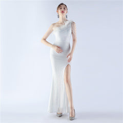 One-Shoulder Ombre Sequin Feather Dress
