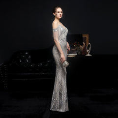 Sequined V-Neck Fishtail Dress