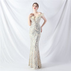 Off-Shoulder Backless Sequined Lace-Up Maxi Dress