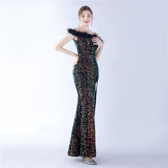 Off-Shoulder Sequin Feather Maxi Dress