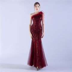 Beaded Sequined Ostrich Feather Maxi Dress