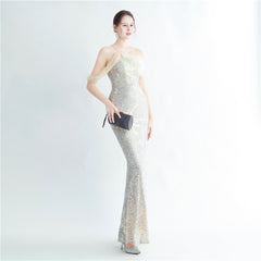 One-Shoulder Ostrich Feather Beaded Maxi Dress