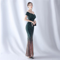 Off-Shoulder Sequined Fringe Maxi Dress