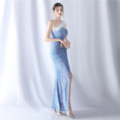 One-Shoulder Feathered Sequin Maxi Dress