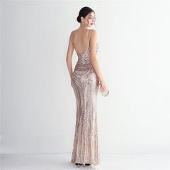 V-Neck Sequin Lace Maxi Dress