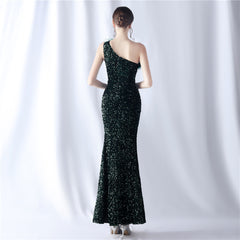 One-Shoulder Feathered Sequin Maxi Dress
