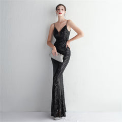 V-Neck Sequin Lace Maxi Dress
