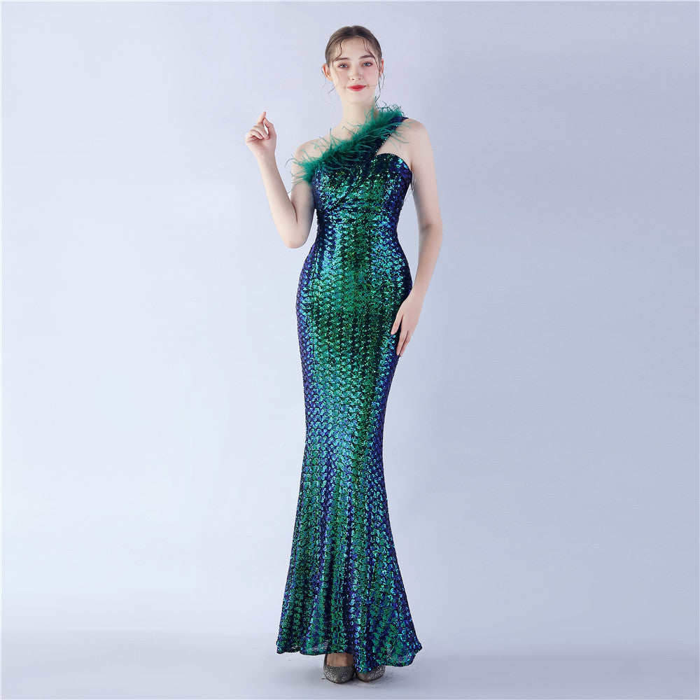 Asymmetric One-Shoulder Sequined Maxi Dress