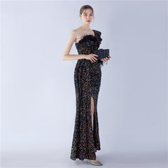 One-Shoulder Ostrich Feather Sequin Maxi Dress