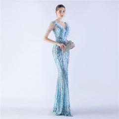 Ostrich Feather Beaded Maxi Dress