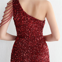 One-Shoulder Sequined Beaded Fishtail Maxi Dress