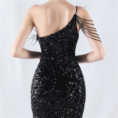 One-Shoulder Feathered Sequined Maxi Dress